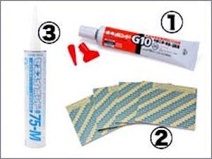 鏡を壁に貼り付けるときに使う「ツメ金具」「速乾ボンド」「ミラーマット」