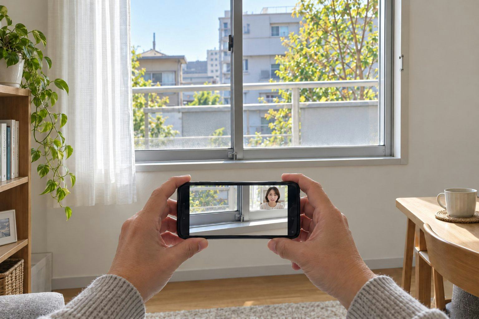 スマートフォンで窓の様子を映しながらオンライン学習会で話している様子
