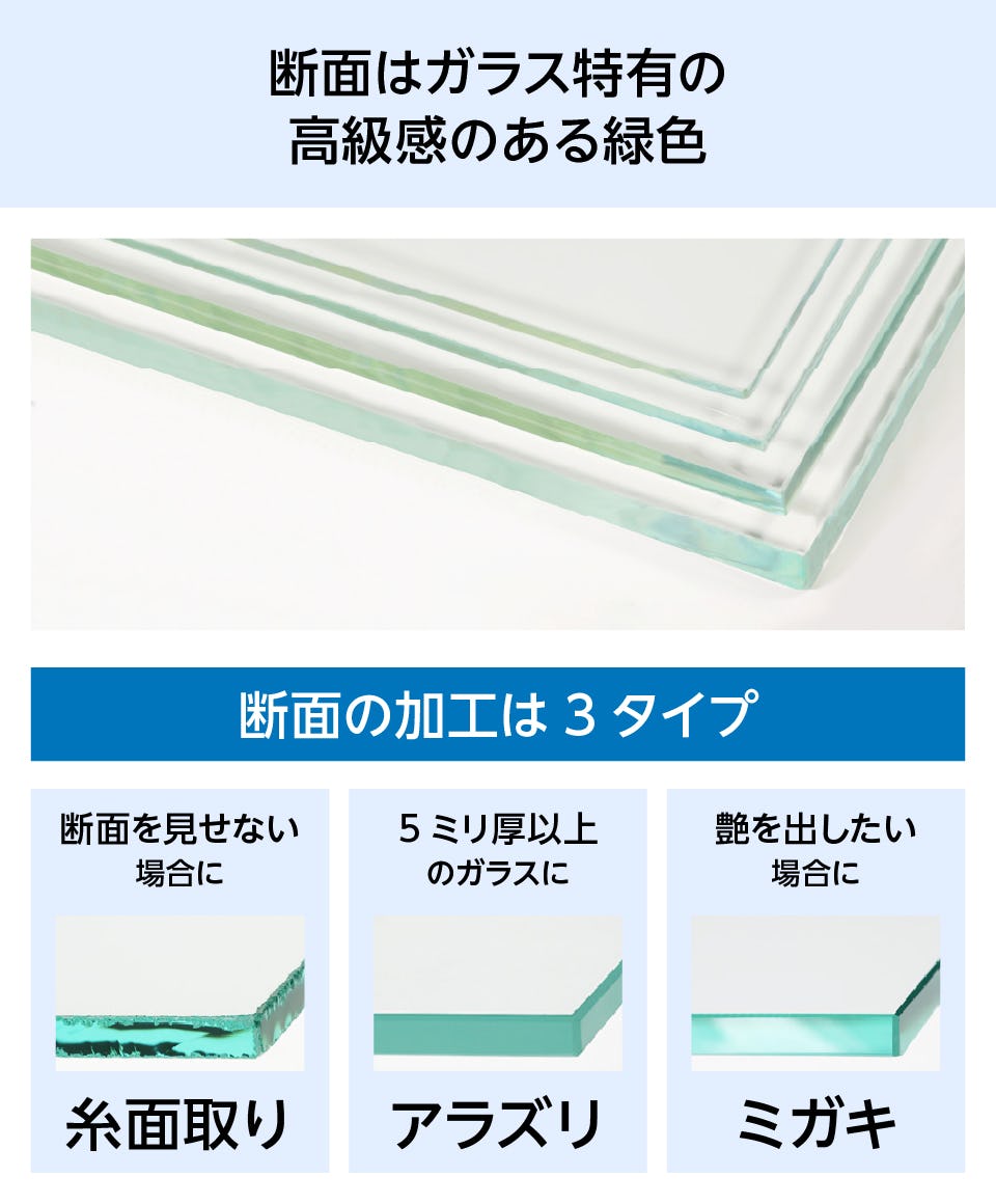 フロストガラス(タペストリーガラス) - 断面はガラス特有の緑色／段面加工の種類は3タイプ