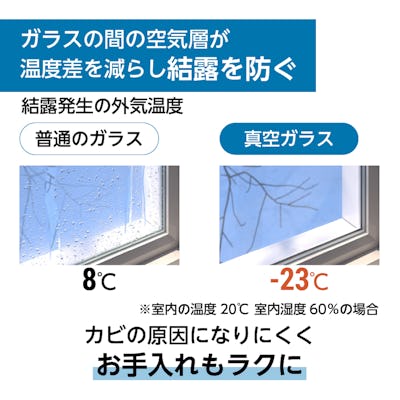 真空ガラス (クリアFit・スペーシア) - 普通のガラス・真空ガラスの結露発生の外気温度の比較