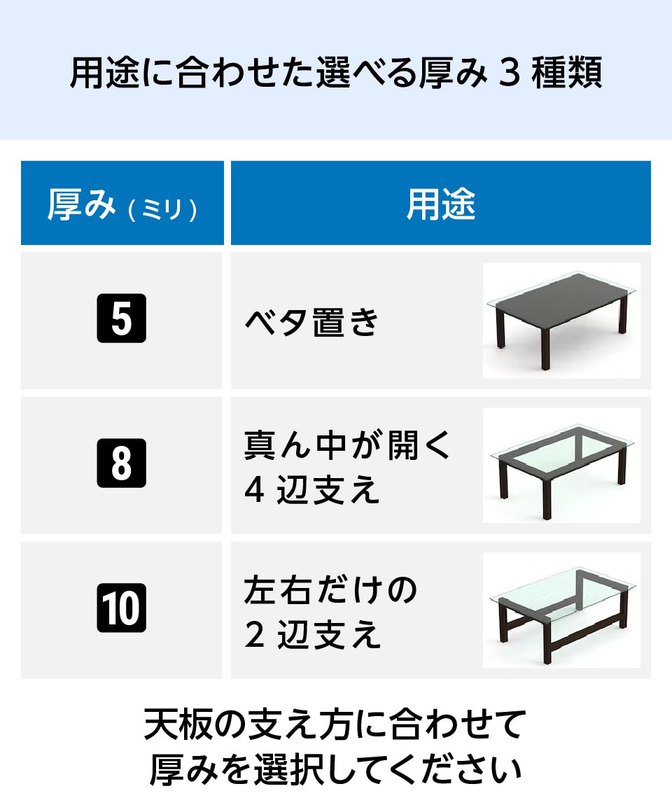テーブル天板用強化ガラス(クリア) - 用途に合わせた選択可能な厚み3種類